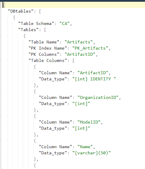 JSON table structure sample